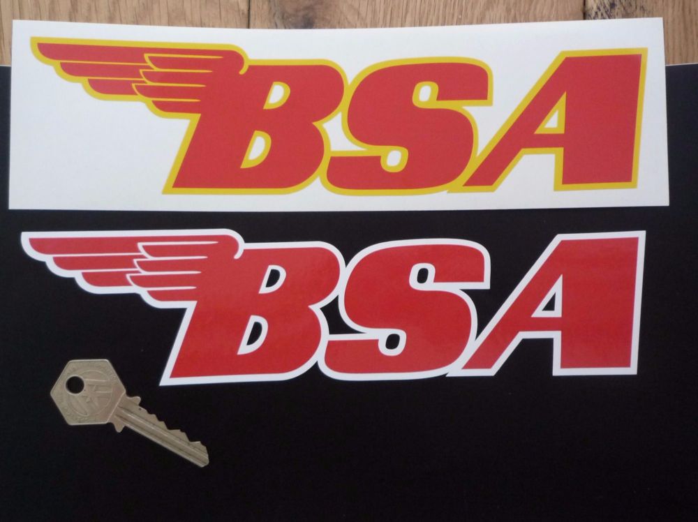 BSA Shaped Red Centred Text Stickers. 9" Pair.