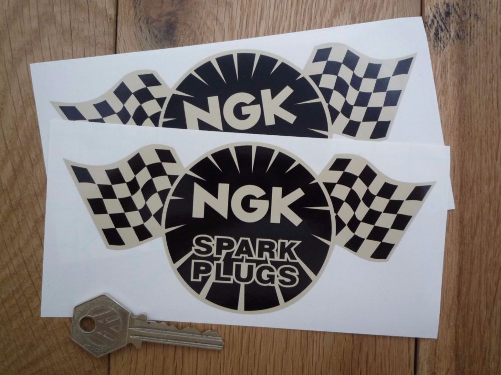 NGK Spark Plugs Chequered Flag Black & Beige Stickers. 4" or 6" Pair.