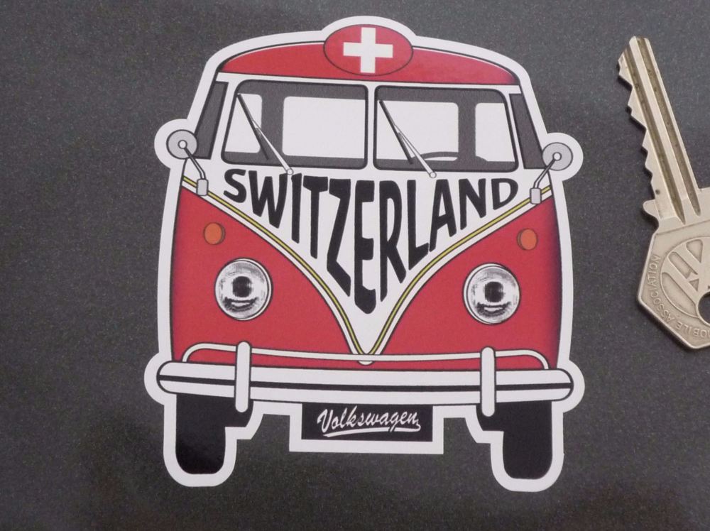 Switzerland Volkswagen Campervan Travel Sticker. 3.5".