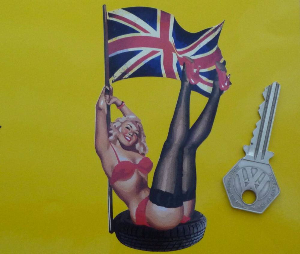 Pin-Up Girl in Tyre with Union Jack Flag Sticker. 5".