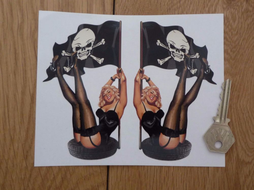 Pin-Up Girl in Tyre with Jolly Roger Flag Stickers. 5" Pair.