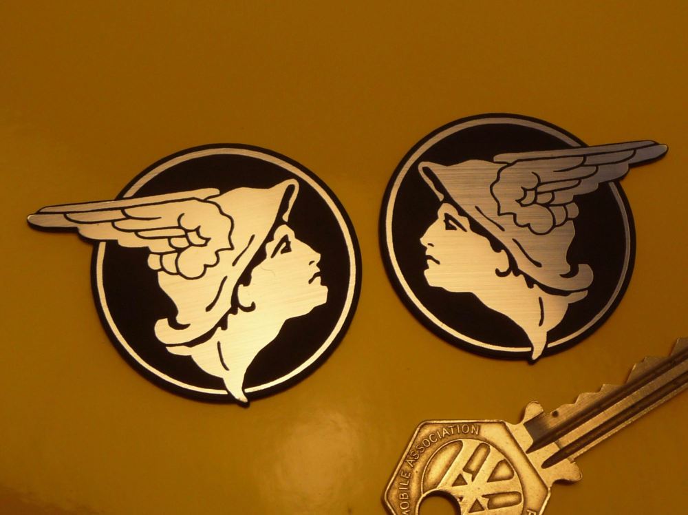 Mercury Messenger of the Gods Self Adhesive Handed Car Badges. 2" Pair.