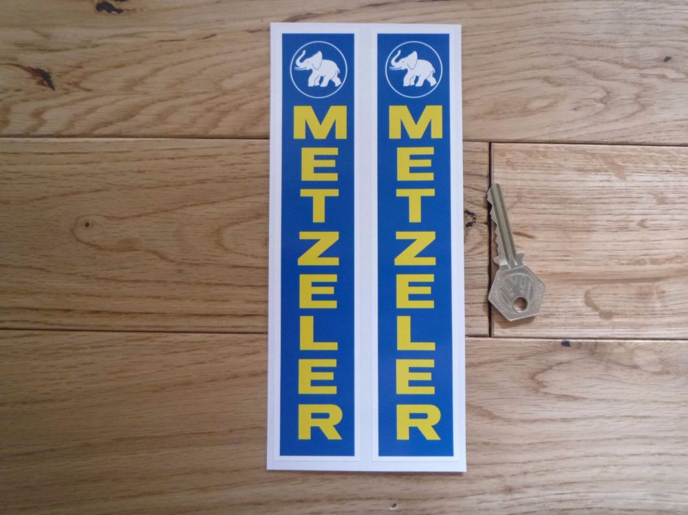 Metzeler Bike Tyres Blue, Yellow, & White Fork Slider Stickers. 7.75" Pair.