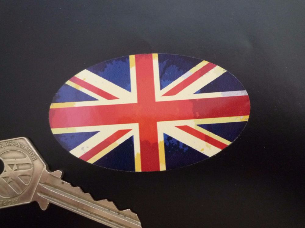 Union Jack Aged Style Flag Oval Sticker. 3" or 4".