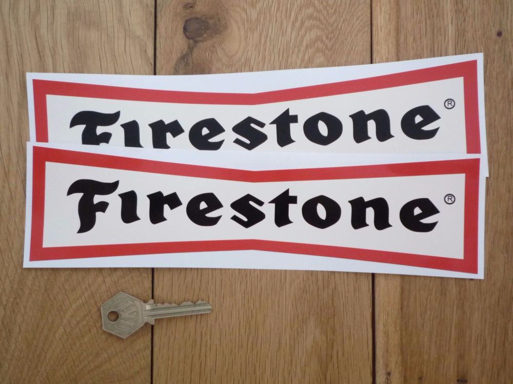 Firestone 'Dicky Bow' Red & Off White with Black Letters Stickers. 10" Pair.