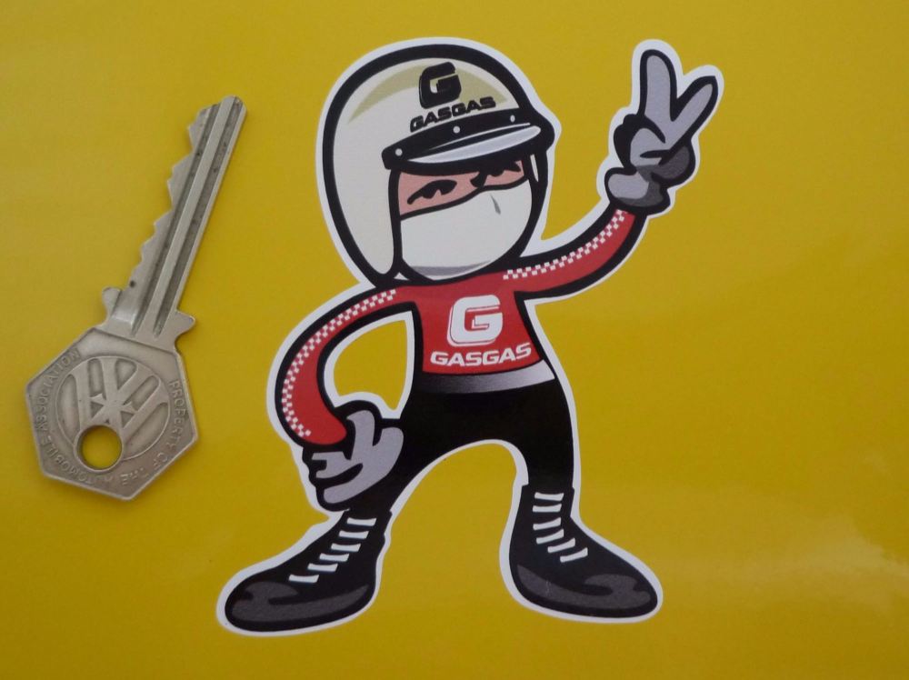 Gas Gas Jet Helmeted Trials Rider 2 Fingered Salute Sticker. 3.5".