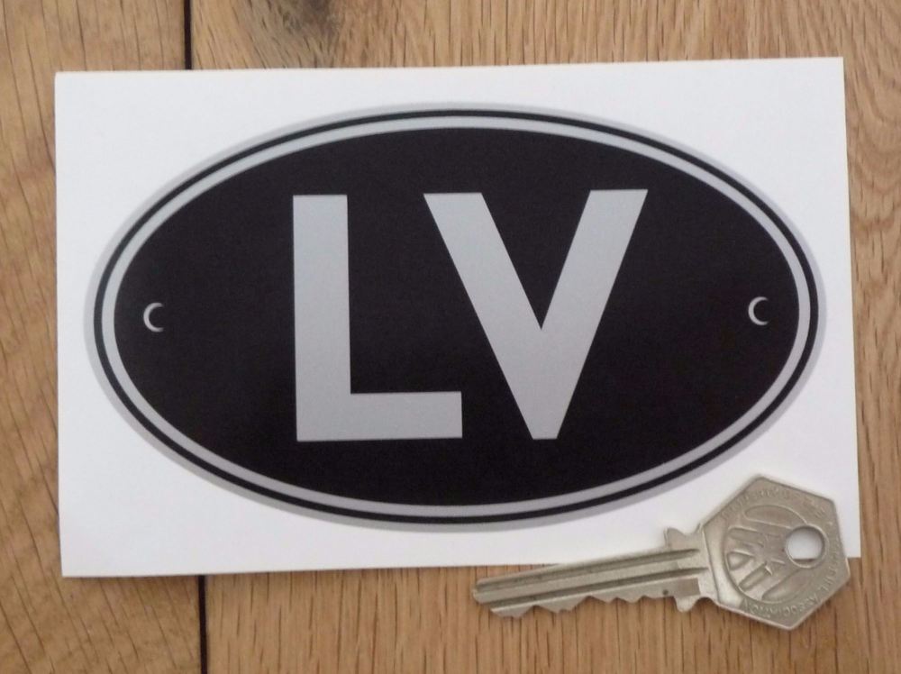 LV Latvia Black & Silver ID Plate Sticker. 5".