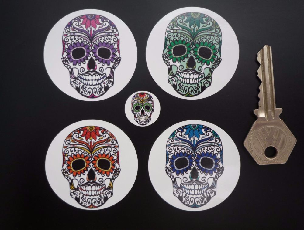 Day of the Dead Multi Colour Sugar Skull Wheel Centre Stickers. Set of 4. 50mm.