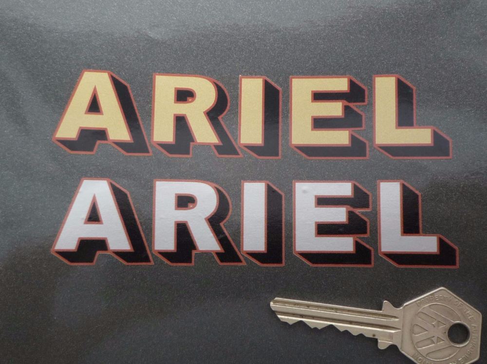 Ariel Shadow Text Metallic Red Edged Stickers. 5" Pair.