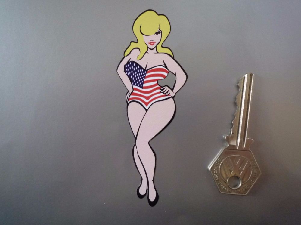 Blonde American Girl Standing in Stars & Stripes Bodysuit Sticker. 4