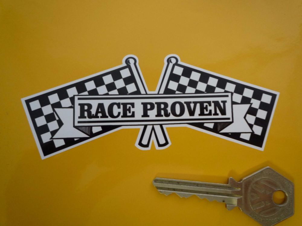 Race Proven Chequered Flag Crossed Old Style Sticker. 4.75".