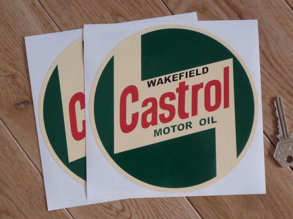 Castrol Wakefield '58 Onwards on Cream Circular Stickers. 2",  4" or 6" Pair.