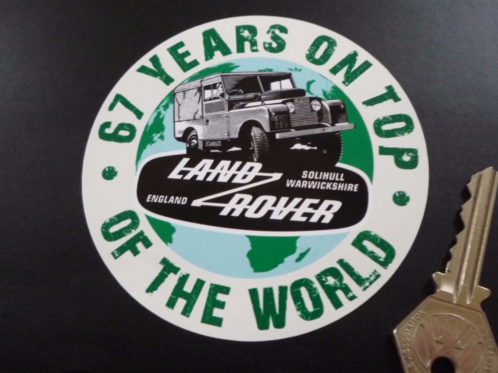 Land Rover Defender. 67 Years On Top Of The World Sticker. 4".