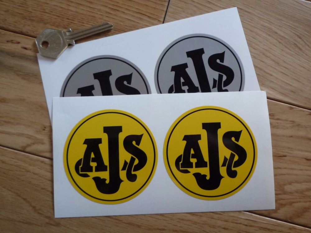 AJS Black on Yellow/Silver Circular Stickers. 3" Pair.