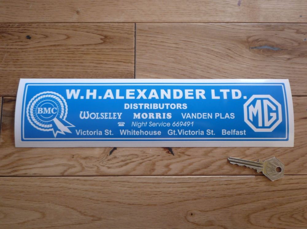 W.H.Alexander Ltd BMC MG Wolseley Morris Vanden Plas Distibutors Dealers Sticker. 8" or 12".