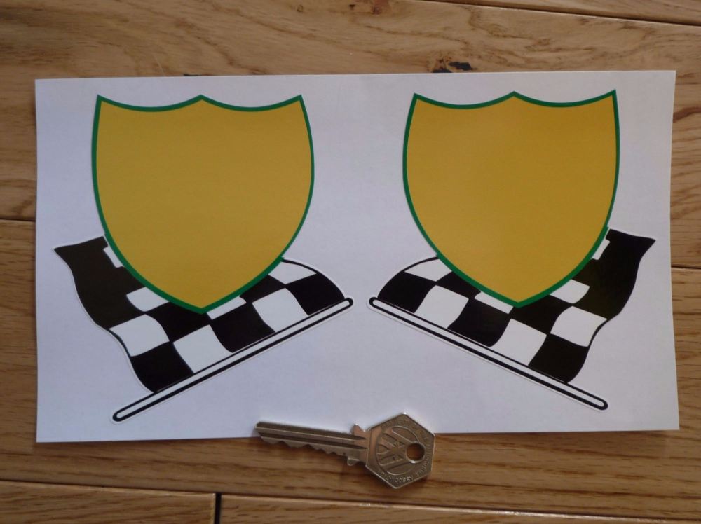 BP LeMans Plain Shield & Chequered Flag Stickers. 4" Pair