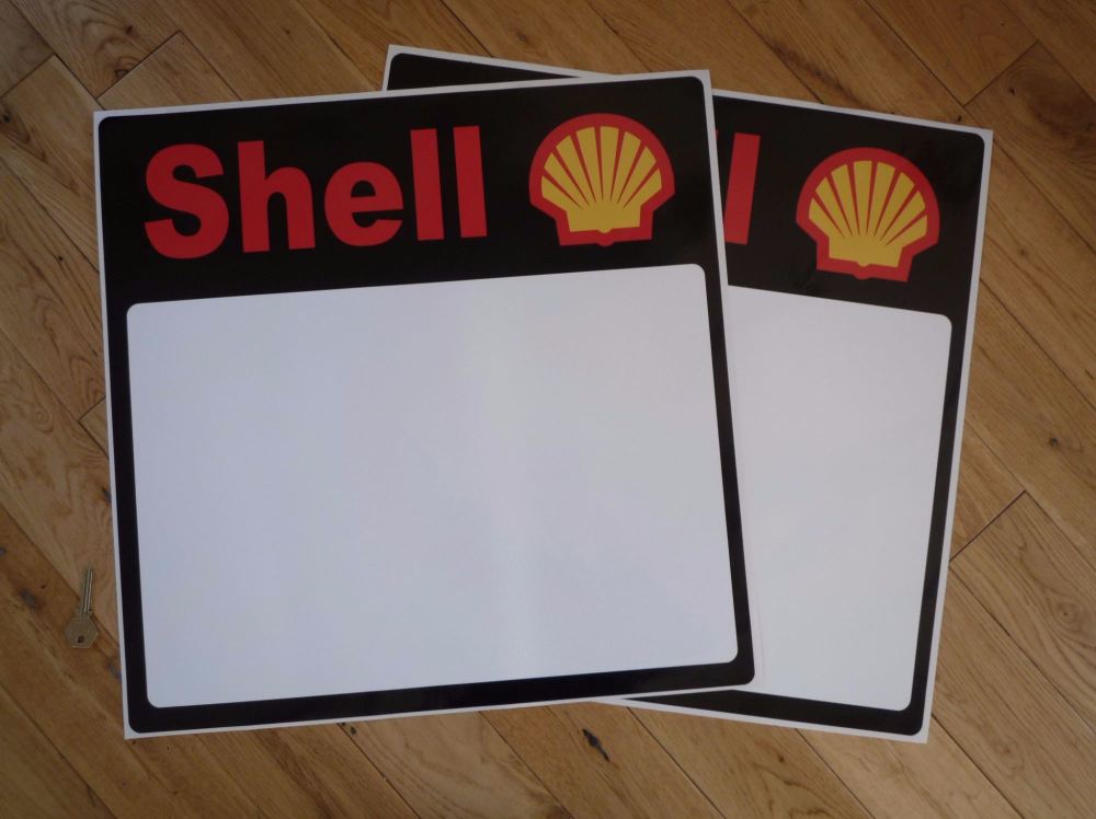 Shell Race Car Door Panel Later Style Stickers. 19.5" Pair.
