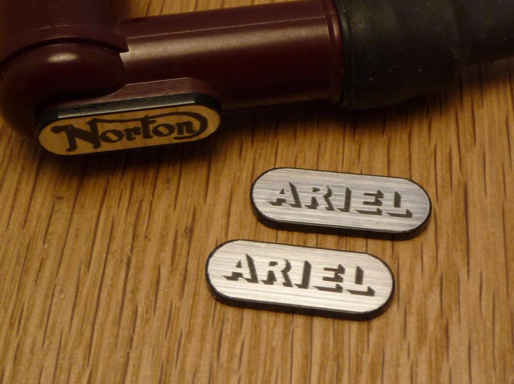 Ariel NGK Spark Plug HT Cap Cover Badges. 22mm Pair.