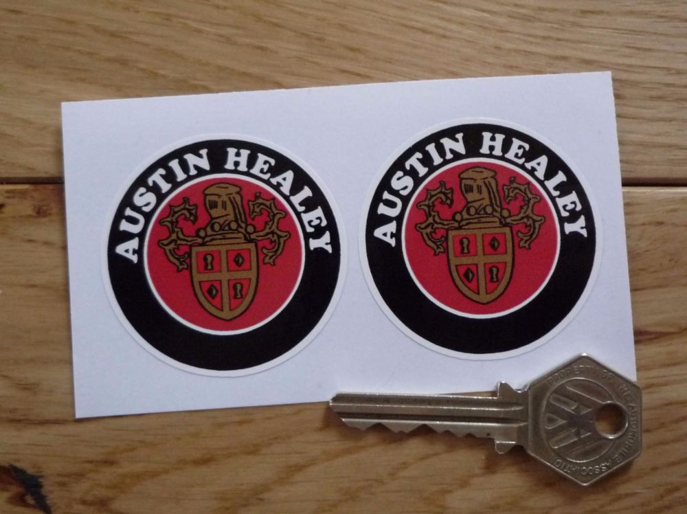 Austin Healey Crest & Cooper Style Text Circular Stickers. 50mm Pair.