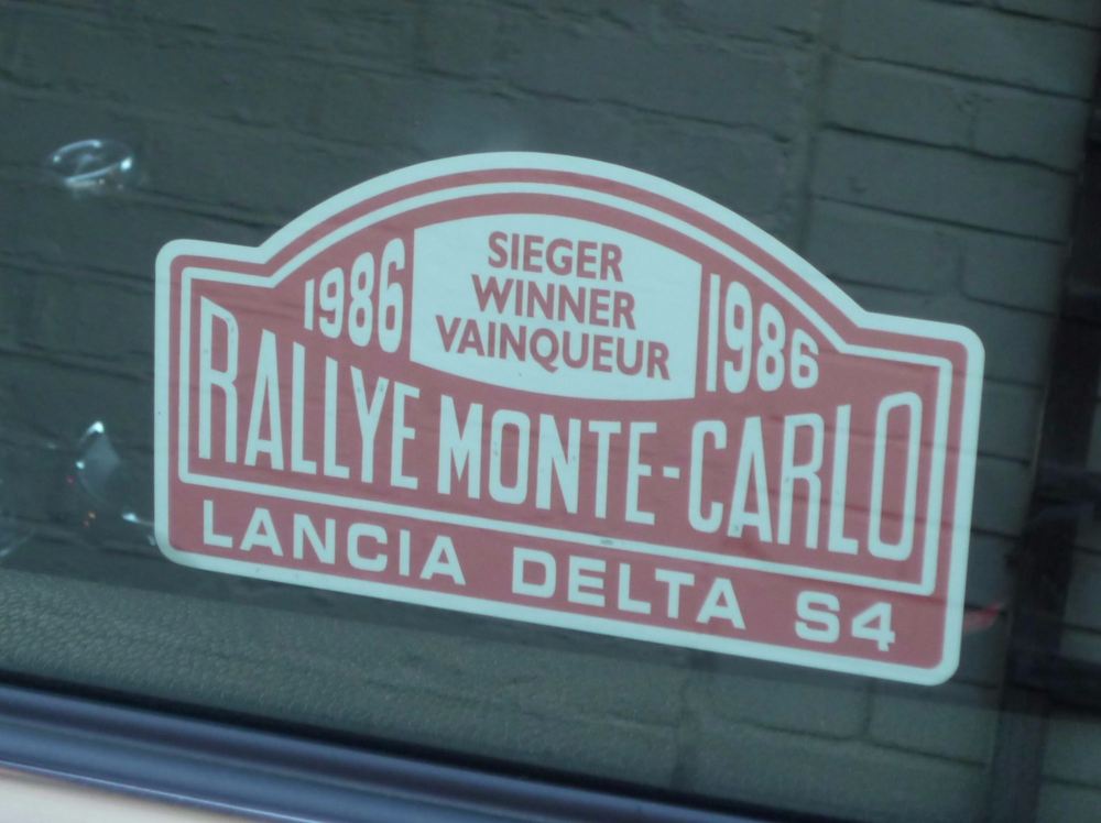 Lancia Delta S4 1986 Monte Carlo Rally Winner Lick'n'Stick Window Sticker. 5".