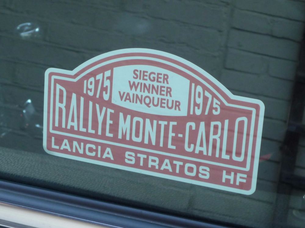 Lancia Stratos HF Monte Carlo Rally Winner Window Sticker. Various Years. 5".