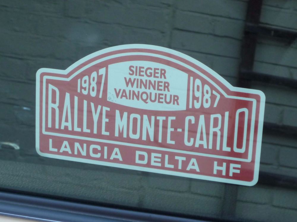 Lancia Delta HF Monte Carlo Rally Winner Window Sticker. Various Years. 5".