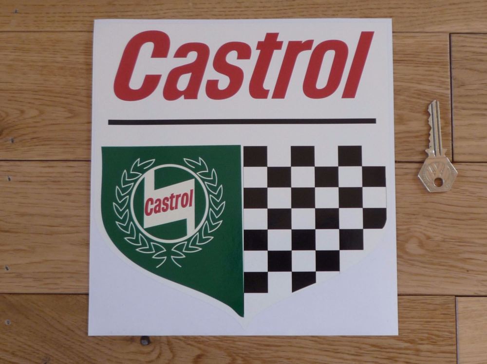 Castrol Chequered Shield Off White Sticker. 8".