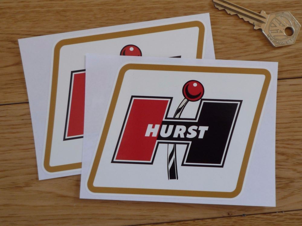 Hurst Logo Parallelogram with Brown Coachline Stickers. 5" Pair.