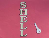 Shell Old Style Vertical Cut Outlined Text Sticker. 16" or 32".