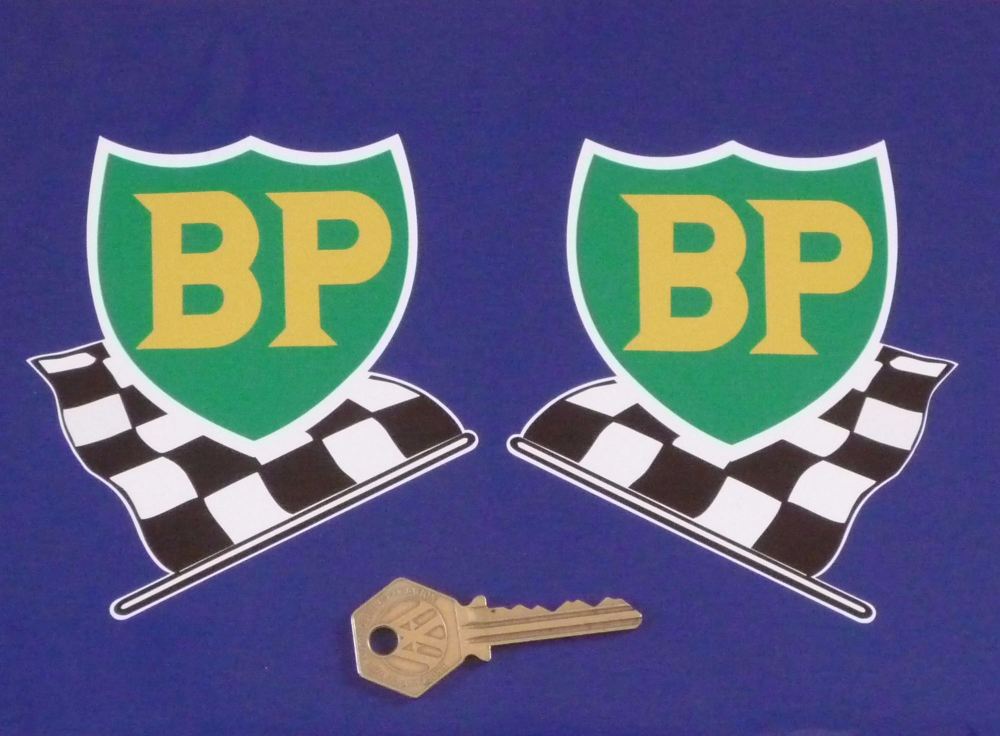 BP '58 - '89 Shield & Chequered Flag with White Border Stickers - Various Sizes