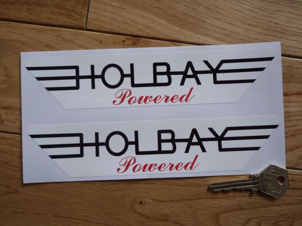 Holbay Powered Winged Red, Black, & White Stickers. 8" Pair.