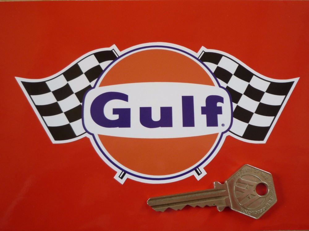 Gulf Logo & Double Chequered Flags Sticker. 6", 8", or 10".