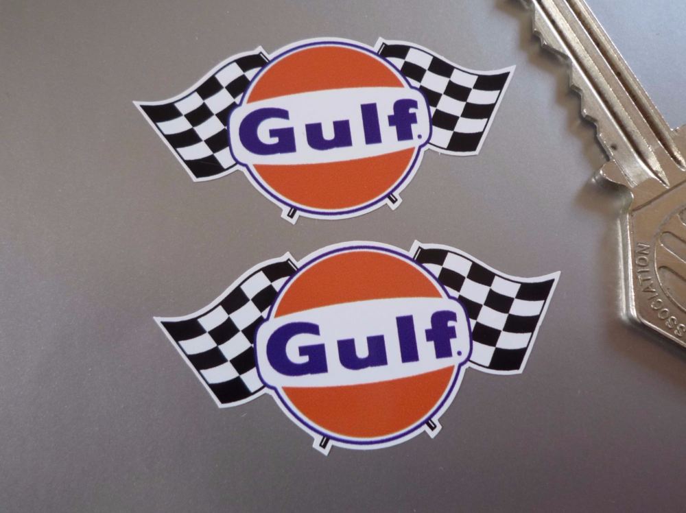 Gulf Logo & Double Chequered Flags Stickers. 2" or 4" Pair.