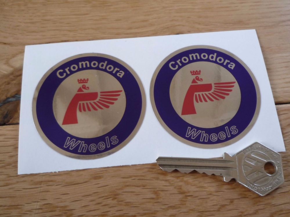 Cromodora Wheels Round Stickers. Red, Blue & Foil. 60mm Pair.