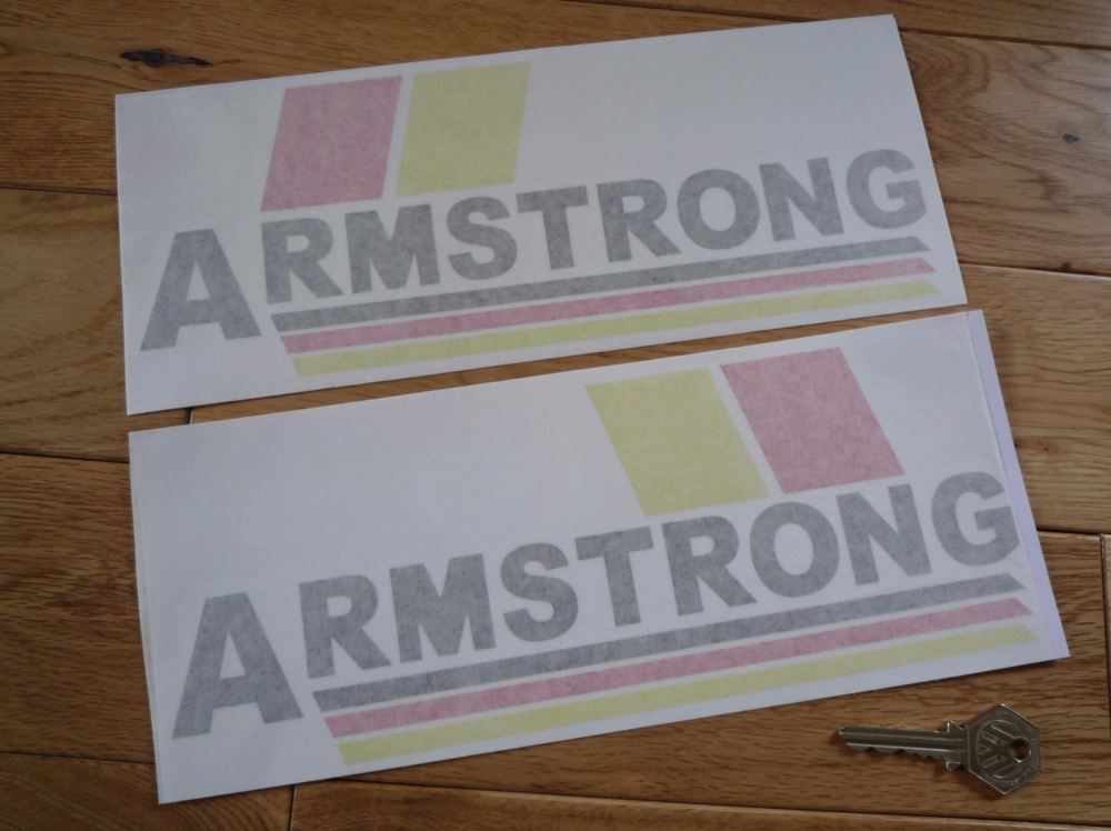 Armstrong Motorcycle Yellow, Red, & Black, Cut Vinyl Stickers. 10.5" handed Pair.