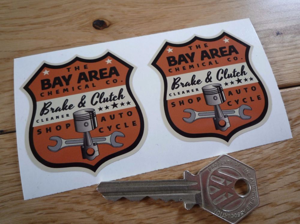 Bay Area Chemical Co. Brake & Clutch Cleaner Shield Stickers. 2" Pair.