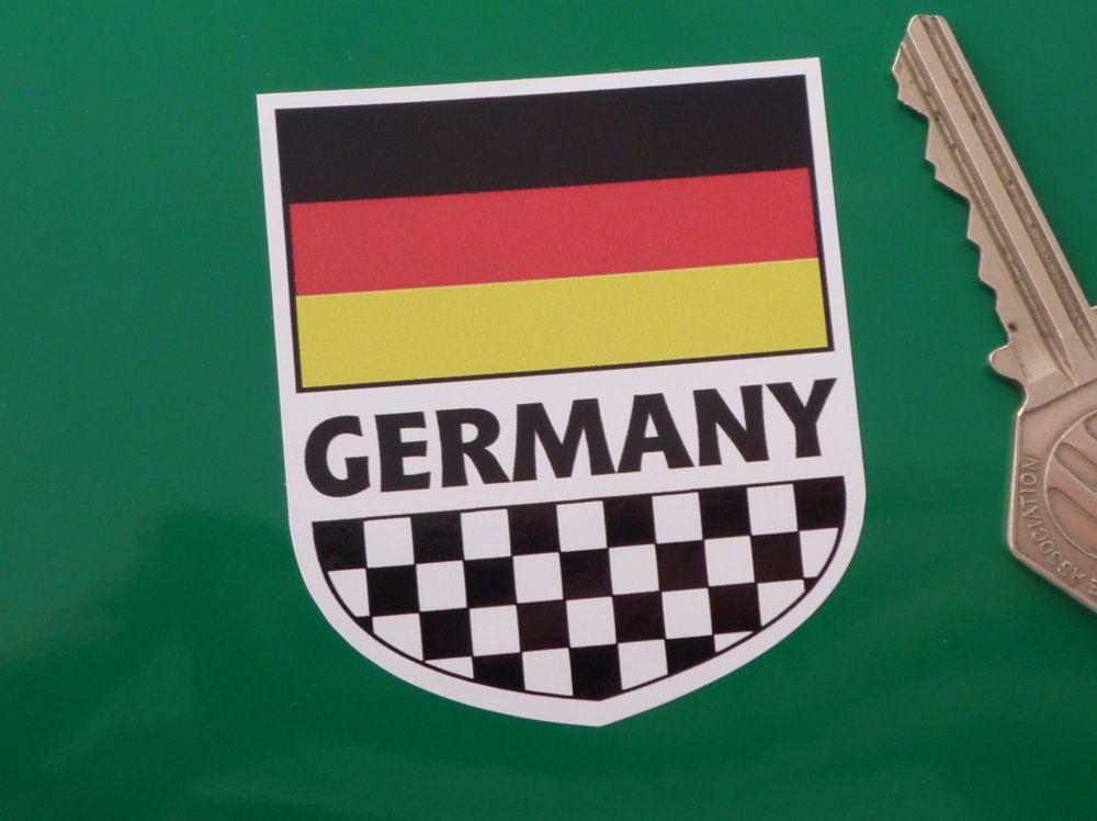 Germany Tricolour Flag & Chequered Shield Sticker. 2.5".