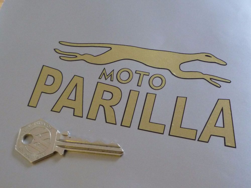 Moto Parilla Gold & Black Handed Logo Stickers. 5