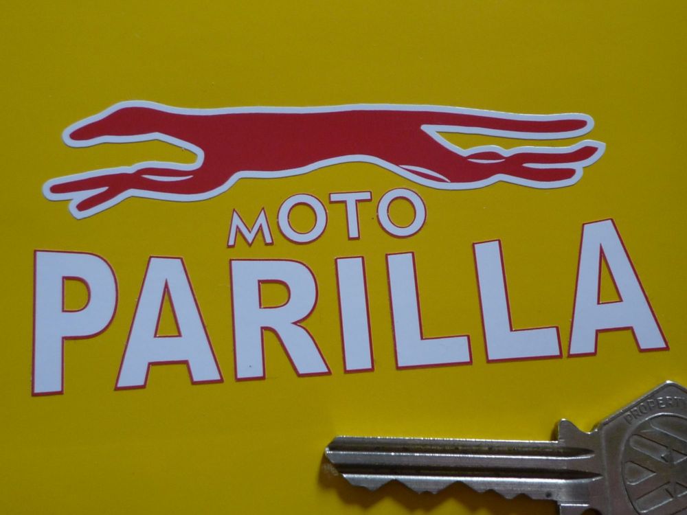Moto Parilla Red & White Handed Logo Stickers. 3.75" Pair.