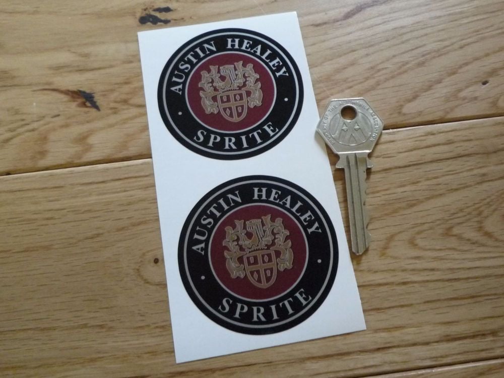 Austin Healey Sprite Crest Circular Silver Stickers. 2.25" Pair.