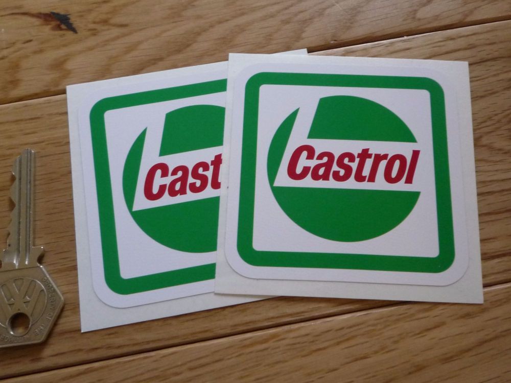 Castrol Superbike Square Framed Light Green Stickers. 3" Pair.