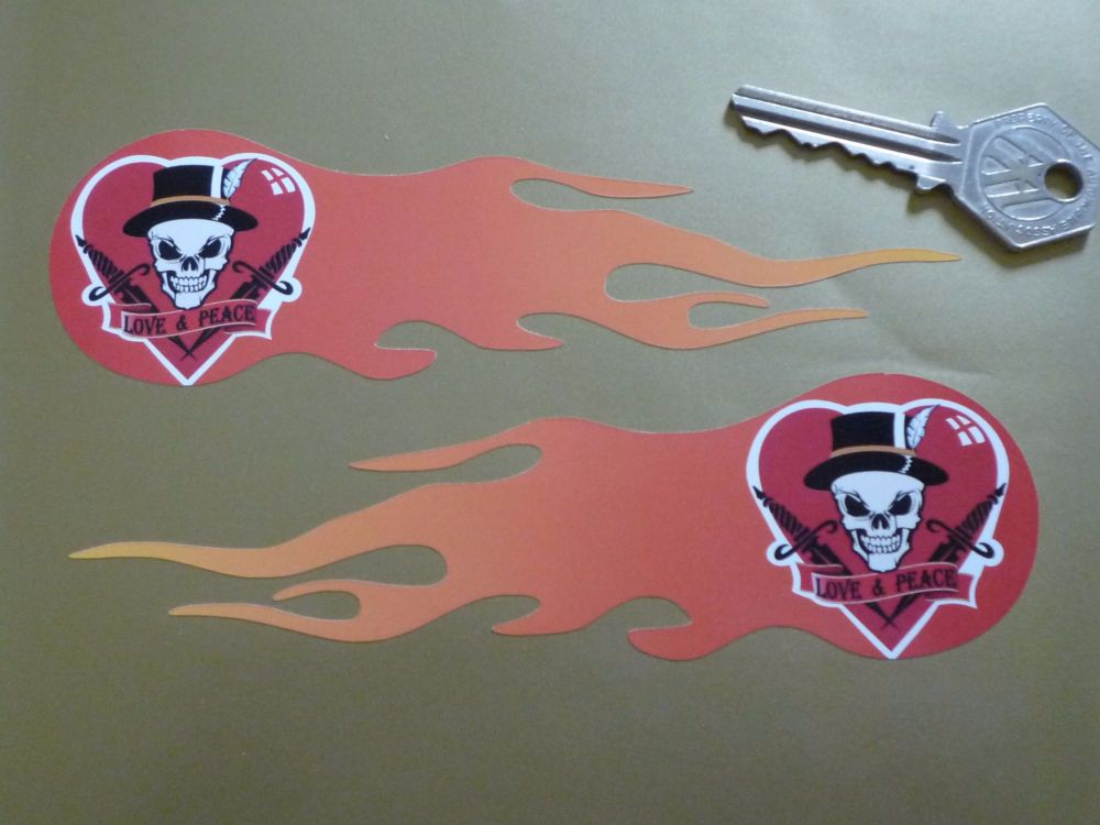 Love & Peace Skull Flames Stickers. 6" Pair.