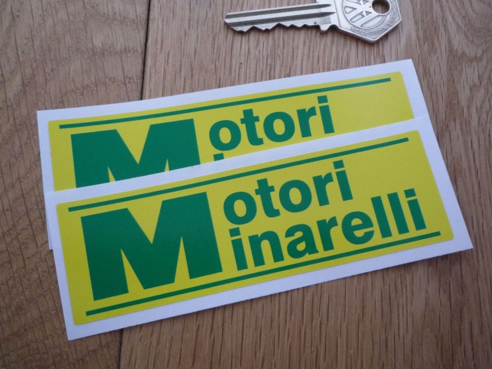 Motori Minarelli Green & Yellow Oblong Stickers. 4.75" or 8"  Pair.
