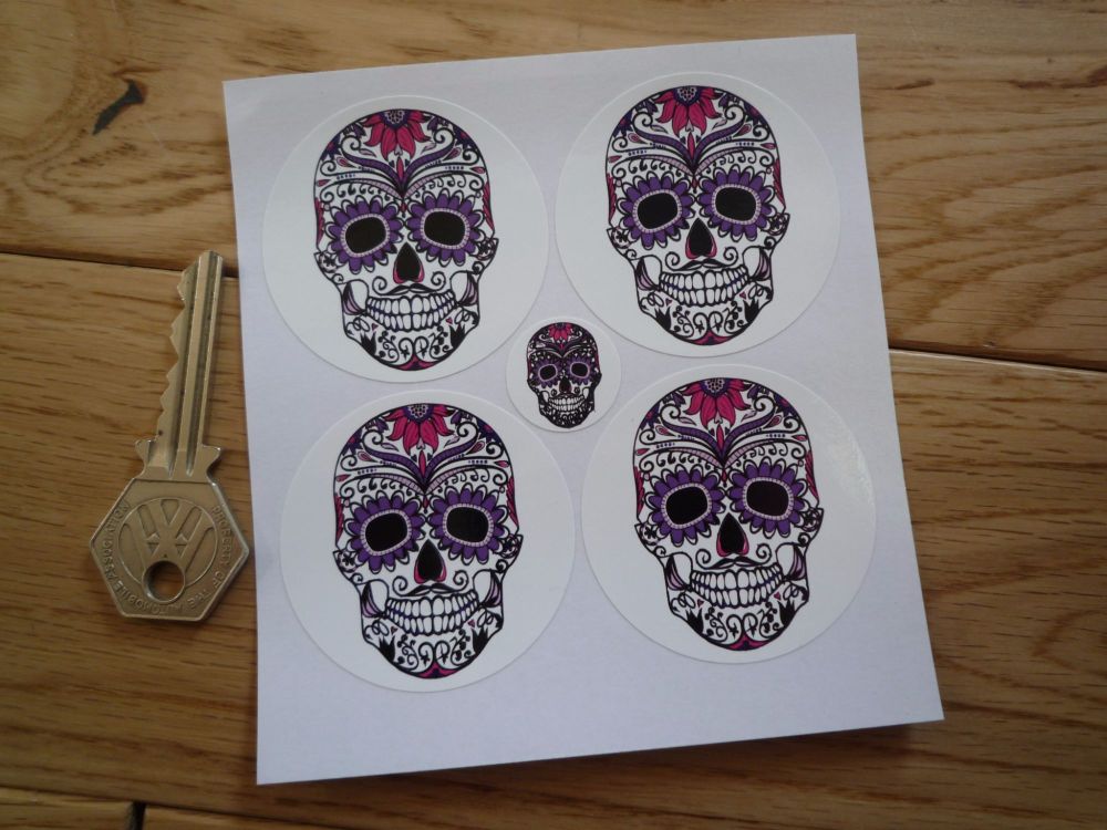 Day of the Dead Purple Sugar Skull Wheel Centre Stickers. Set of 4. 50mm.
