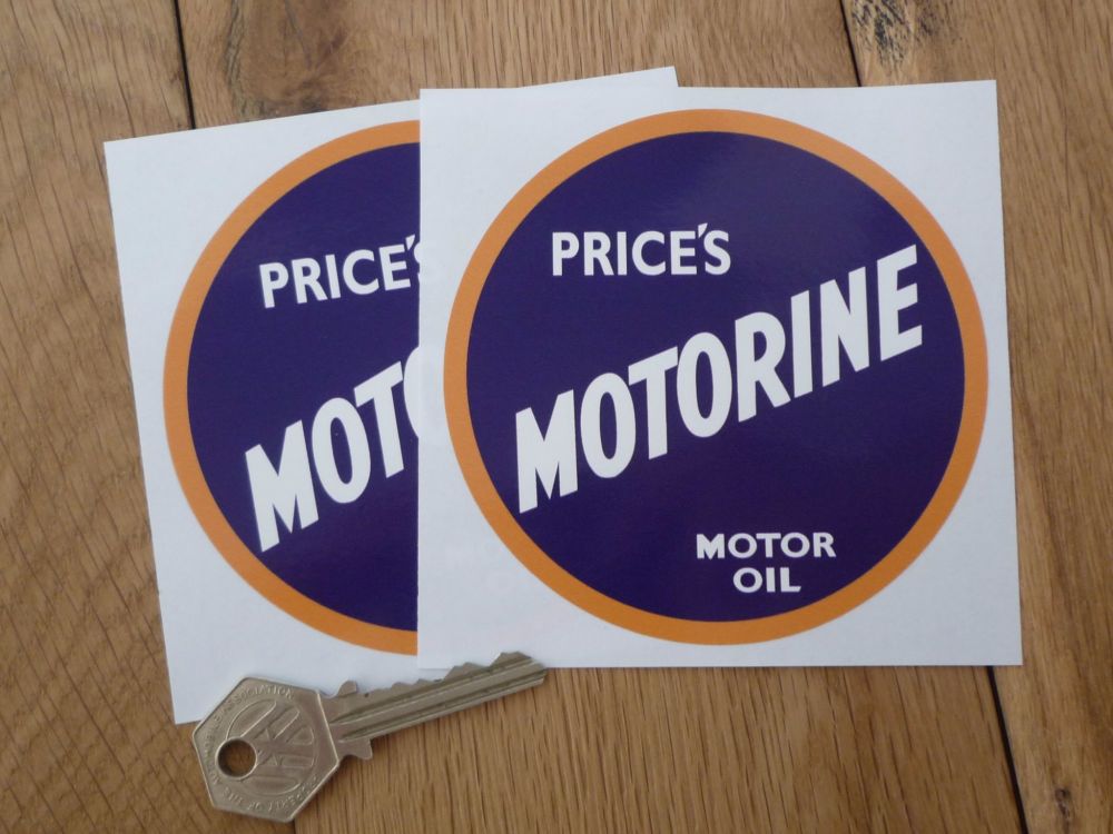 Price's Motorine Motor Oil Stickers. 4" or 6" Pair.