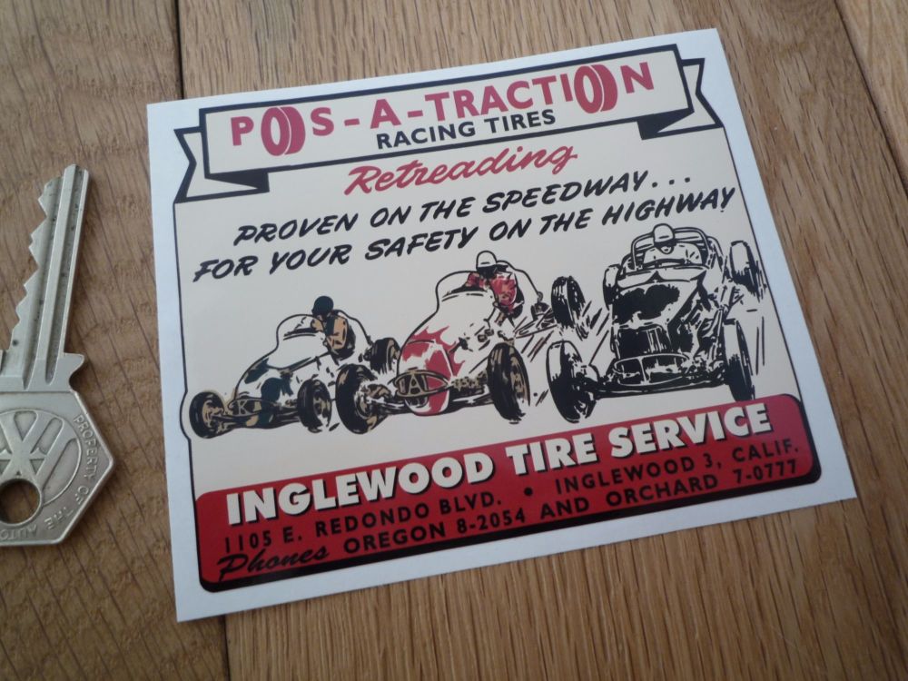 Pos-A-Traction Racing Tires Inglewood Tire Service Sticker. 4".
