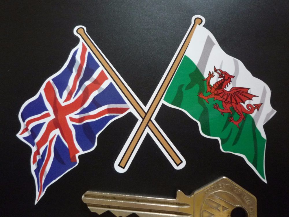 Crossed Union Jack & Welsh Dragon Flag Sticker. 4".