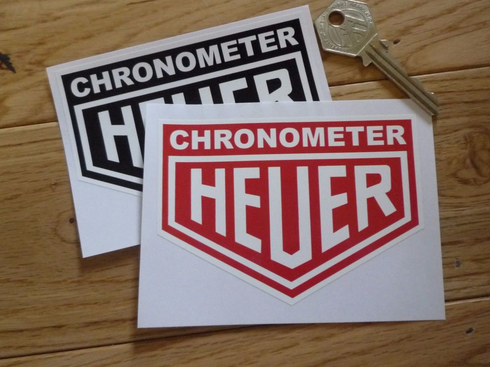 Chronometer Heuer Stickers. 4" or 5" Pair.
