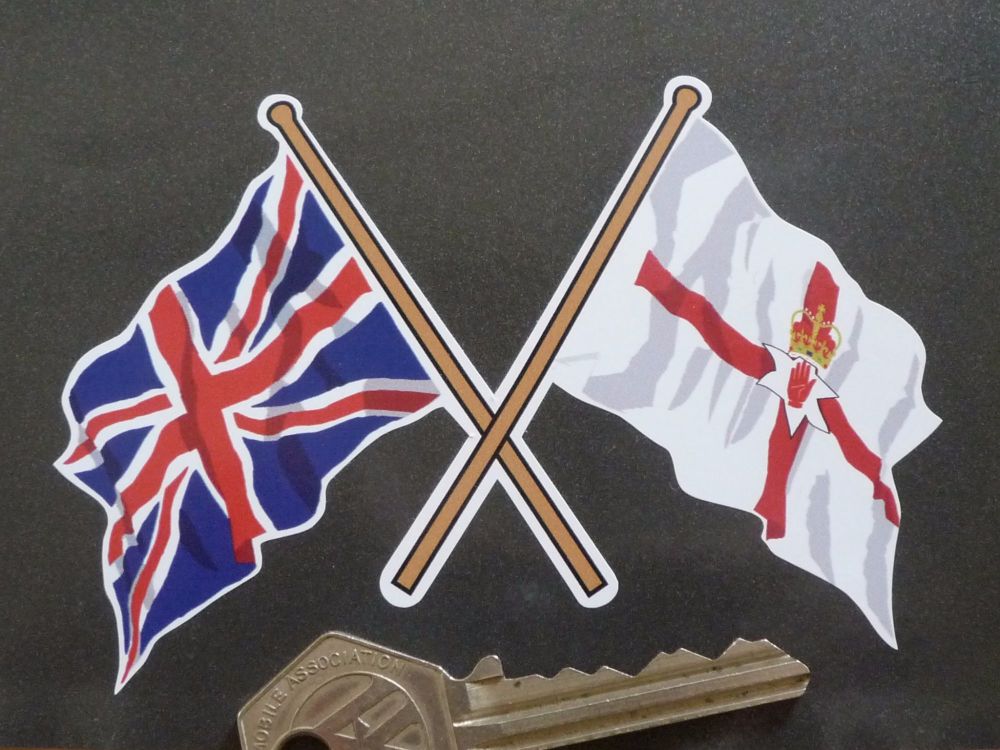 Crossed Union Jack & Northern Ireland Flag Sticker. 4".