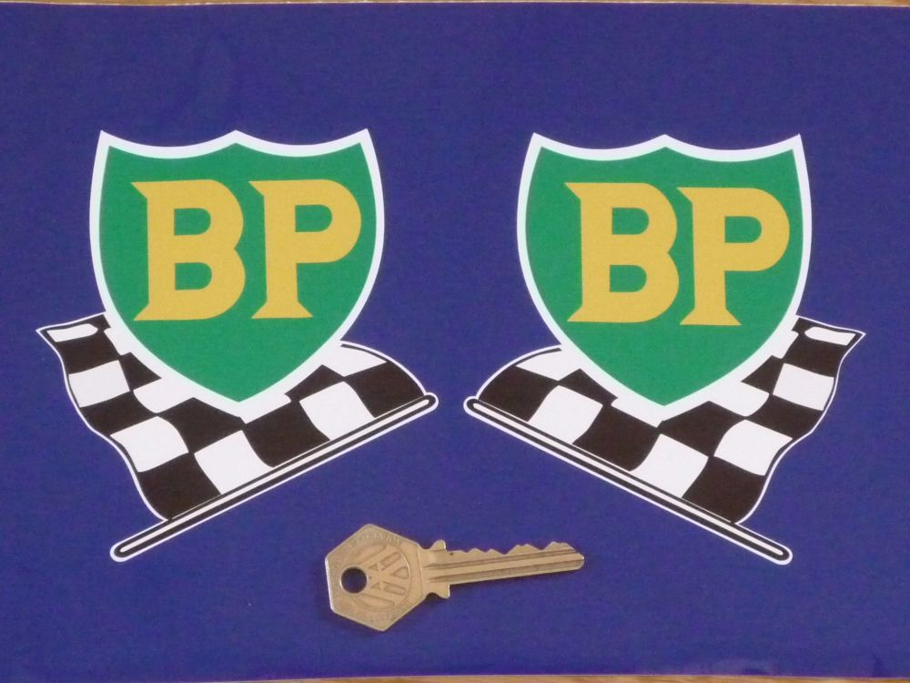 BP '58 - '89 Shield & Chequered Flag with White Border Stickers. 12" Pair.